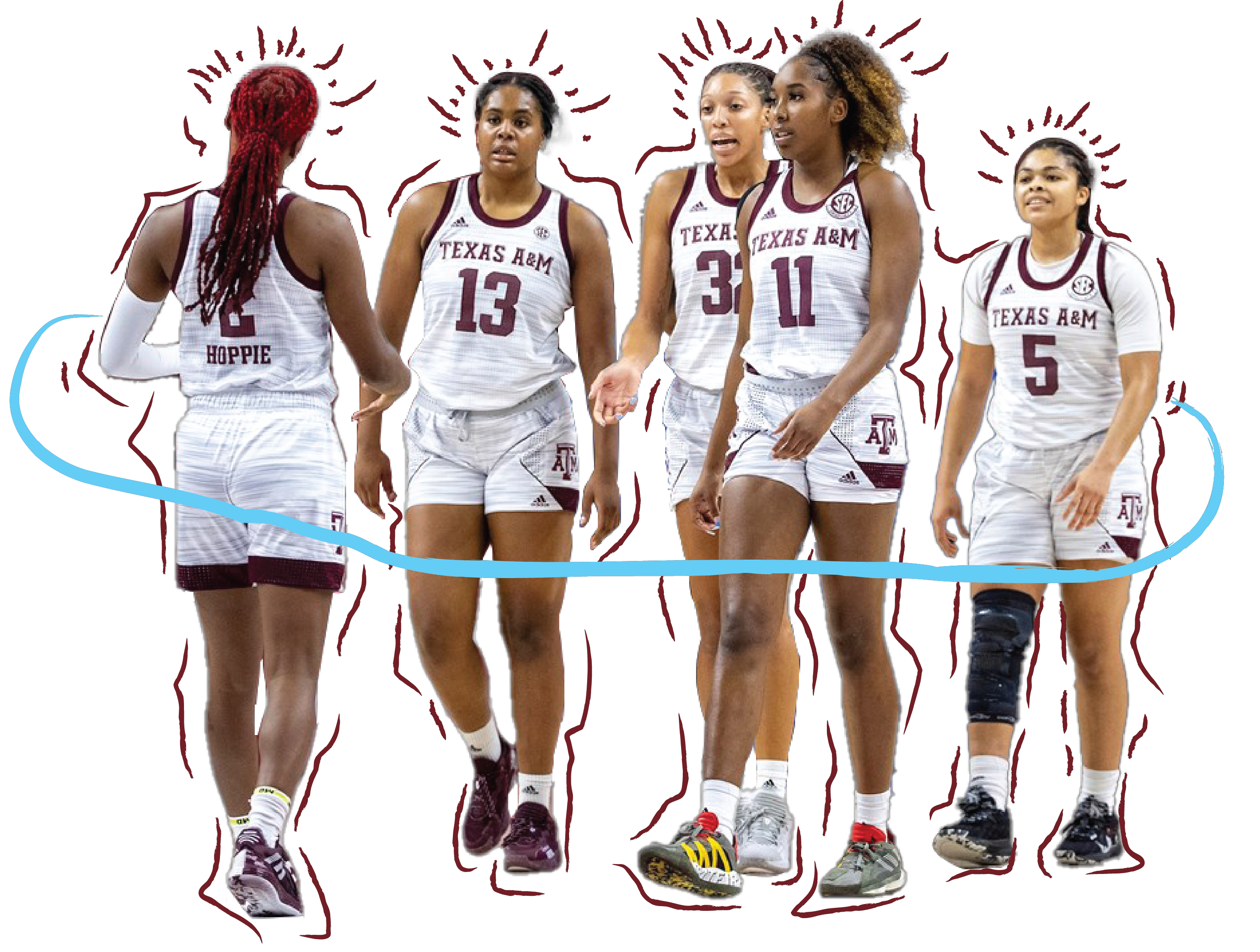 Graphic - January 09, 2022 - Guard Qadashah Hoppie #2 of the Texas A&M Aggies, Forward Jada Malone #13 of the Texas A&M Aggies, Forward Aaliyah Patty #32 of the Texas A&M Aggies,